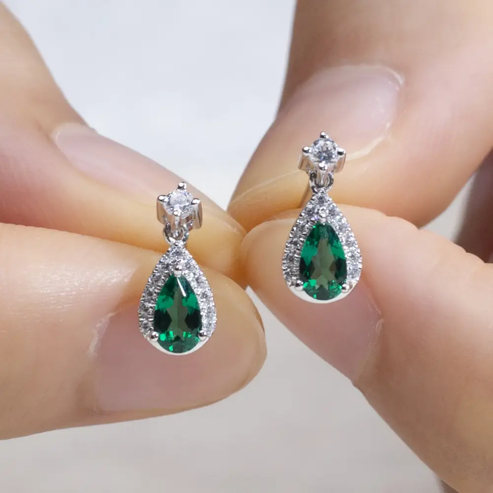Custom 18K White Gold Lab Emerald Earrings - Messi Jewelry 3