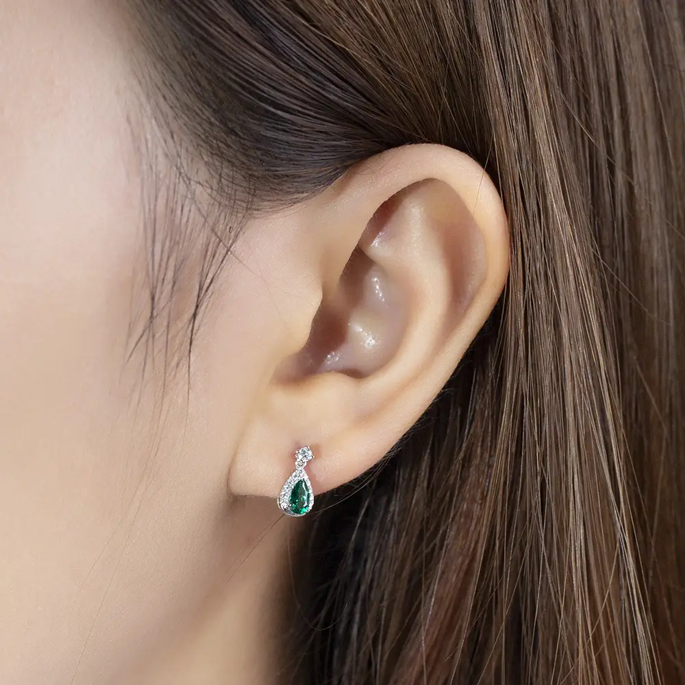 Custom 18K White Gold Lab Emerald Earrings - Messi Jewelry 4