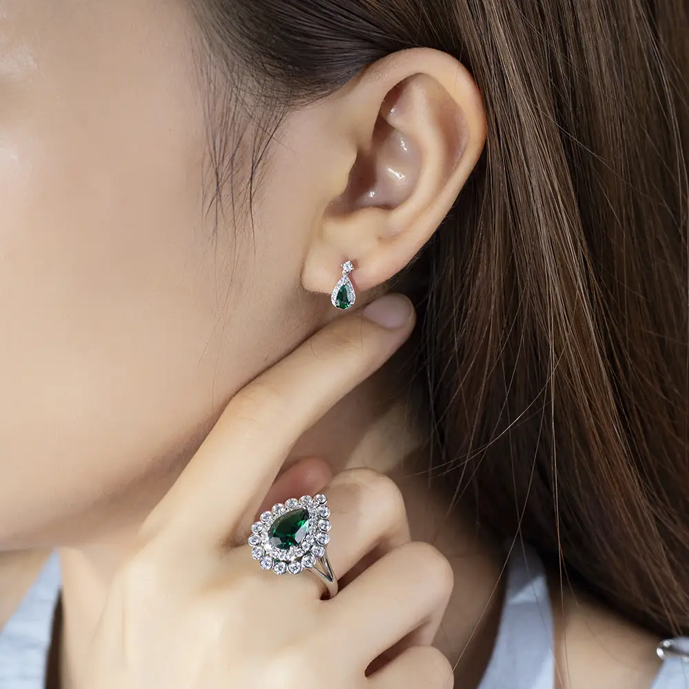 Custom 18K White Gold Lab Emerald Earrings - Messi Jewelry 5