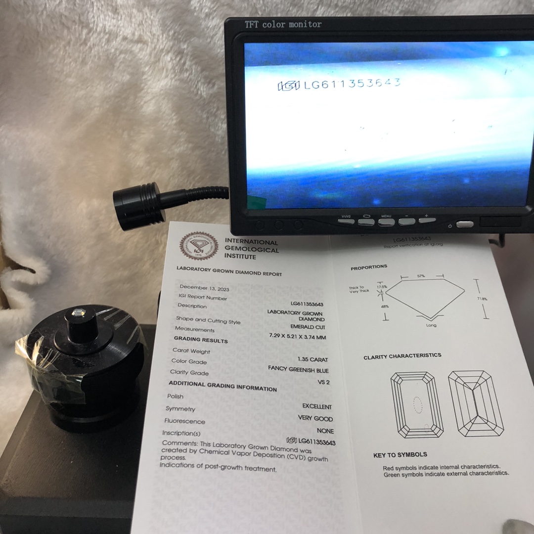 EMERALD CVD FANCY GREENISH BLUE 1.35CT VS2 EX VG LG611353643 LAB DIAMOND 12