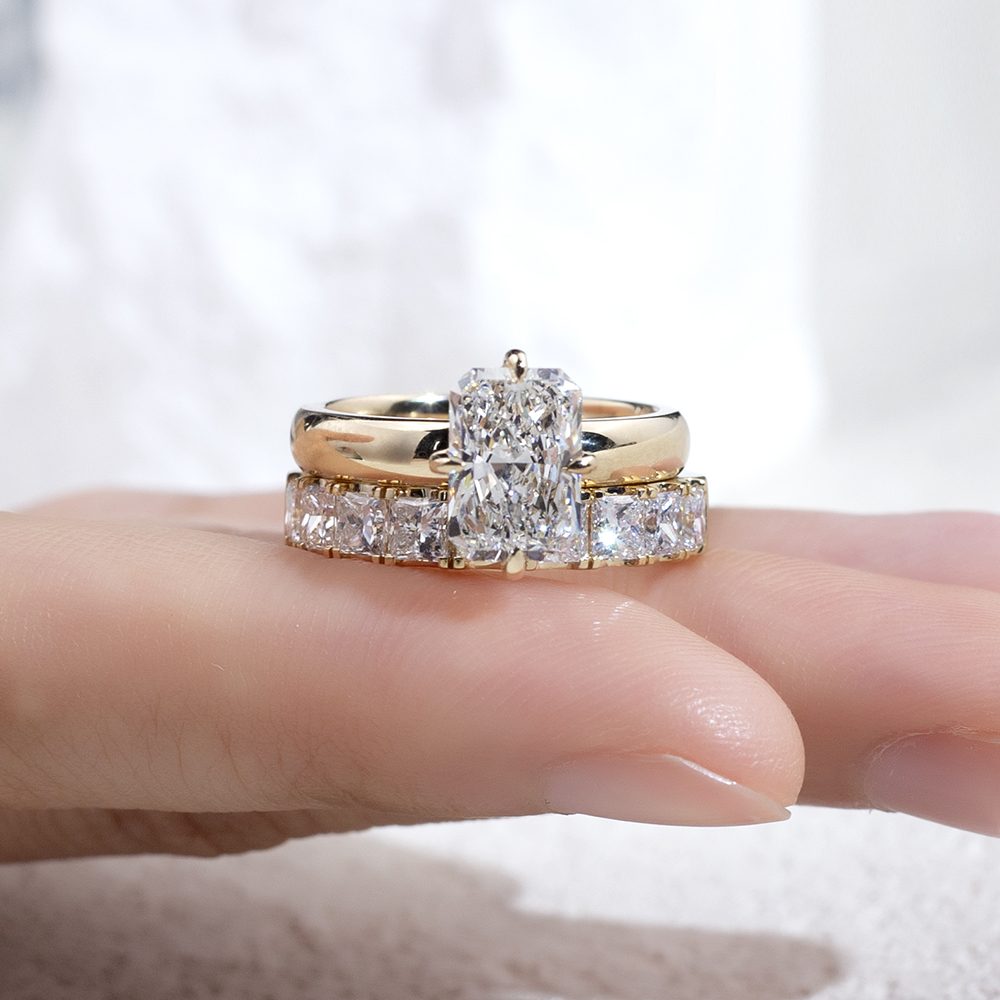 MSR-1798 Lab Diamond 18K Gold Twin Rings Enternity Radiant Cut Engagement Ring | Messi Alahas 8