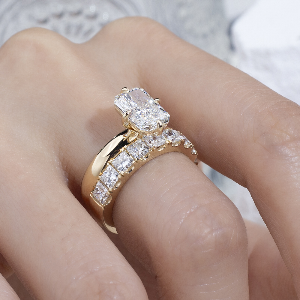 MSR-1798 Lab Diamond 18K Gold Twin Rings Enternity Radiant Cut Engagement Ring | Messi Alahas 9