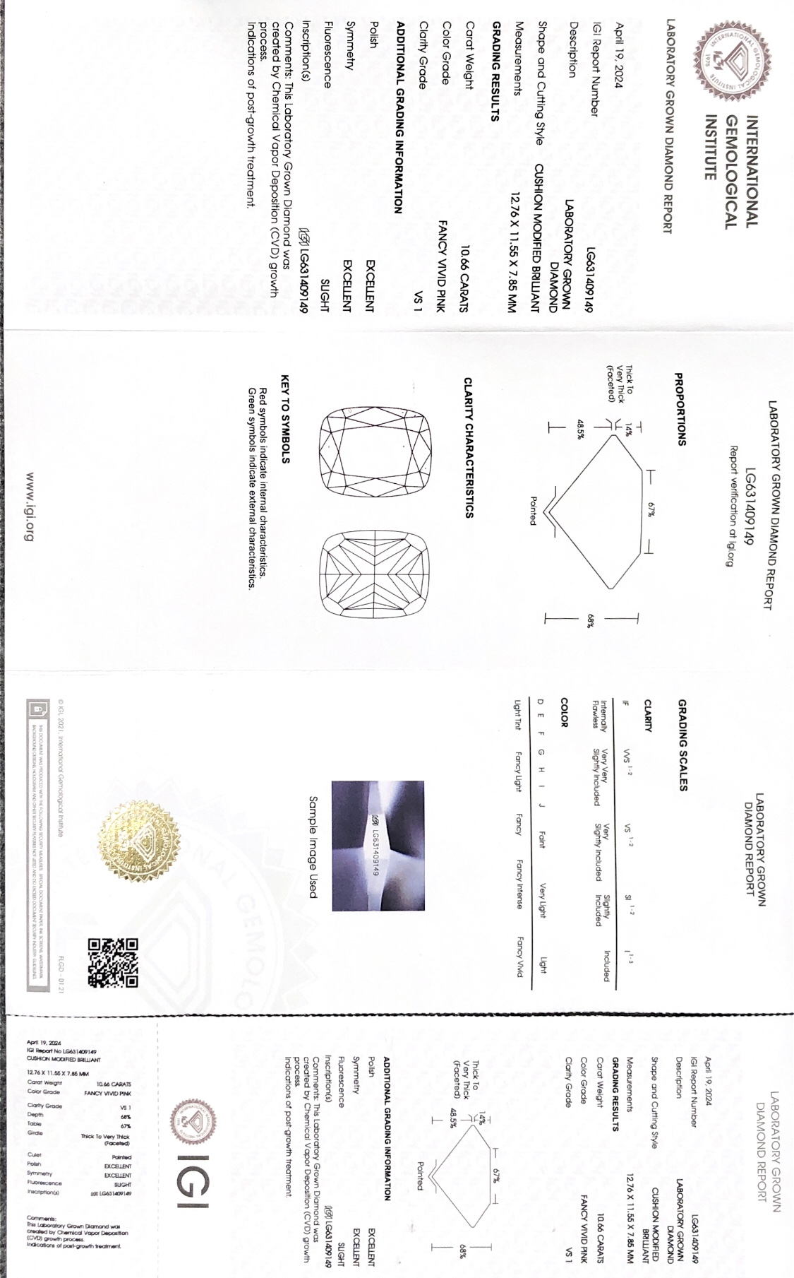 Messi Jewelry Lab Diamond PINK10.66CT CUSHION MODIFIED BRILLIANTFANCY VIVID   VS1  EX EX CVD  LG631409149 7