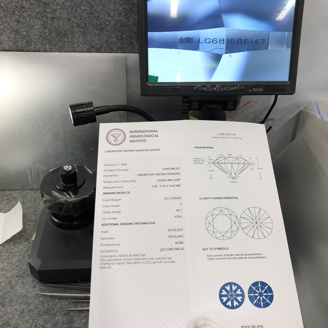 Messi Jewelry  CVD Lab Diamond Round  3.01CT  E  VS1 LG681586147  ID EX EX 12
