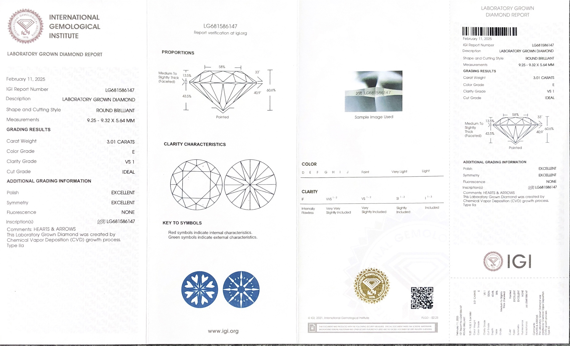 Messi Jewelry  CVD Lab Diamond Round  3.01CT  E  VS1 LG681586147  ID EX EX 8