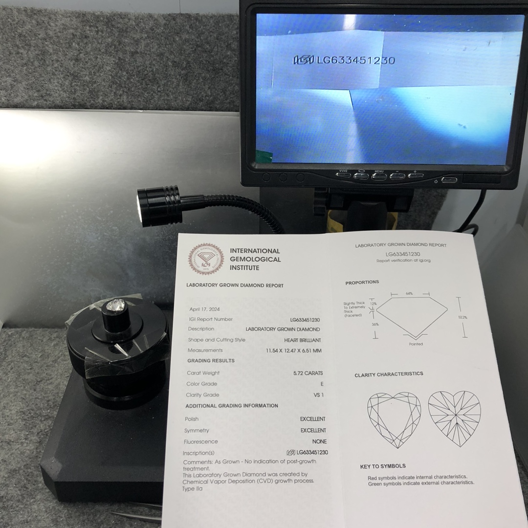 Messi Jewelry Lab Diamond CVD Heart  Cut  5.72CT  E  VS1  LG633451230  EX EX 12