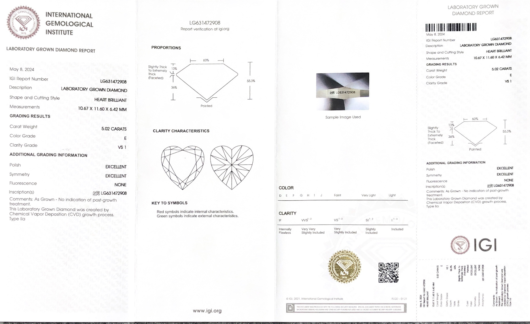 Fancy shape 5.02CT E VS1 EX EX Heart shape Lab Diamond with IGI certificate LG631472908 8