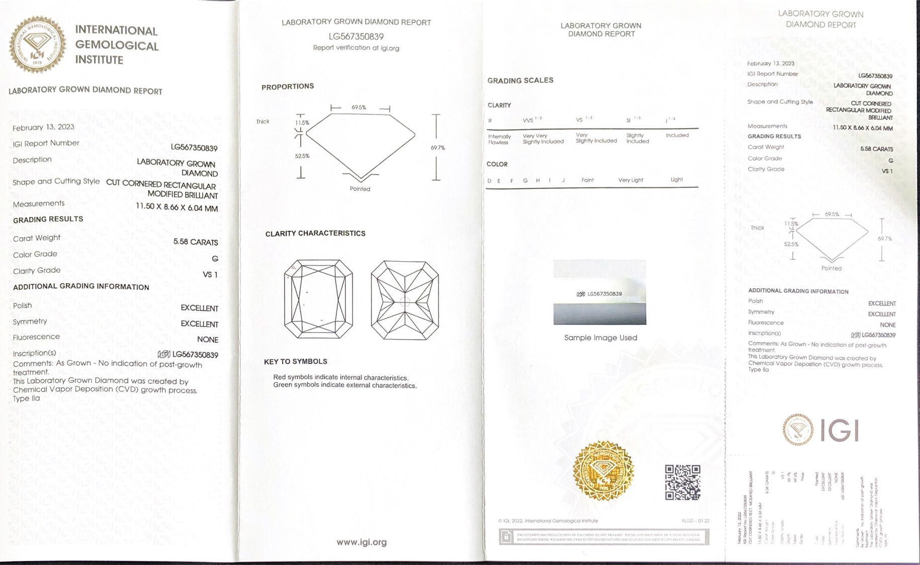 IGI 5.58CT G VS1  Cornered Rectangular Modified Brilliant EX EX CVD LG567350839 Lab Grown Diamond 12