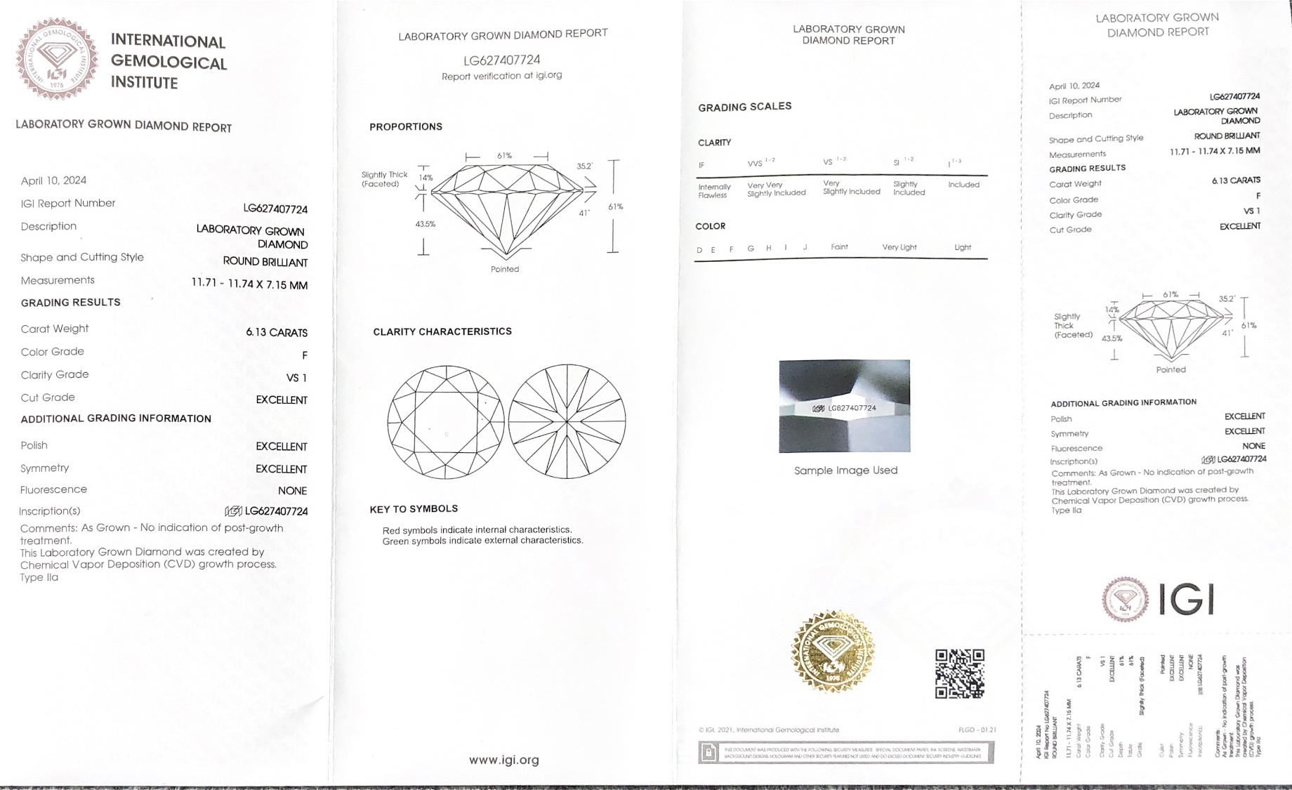 IGI Round 6.13CT F VS1 3EX CVD LG627407724 Lab Grown Diamond 8