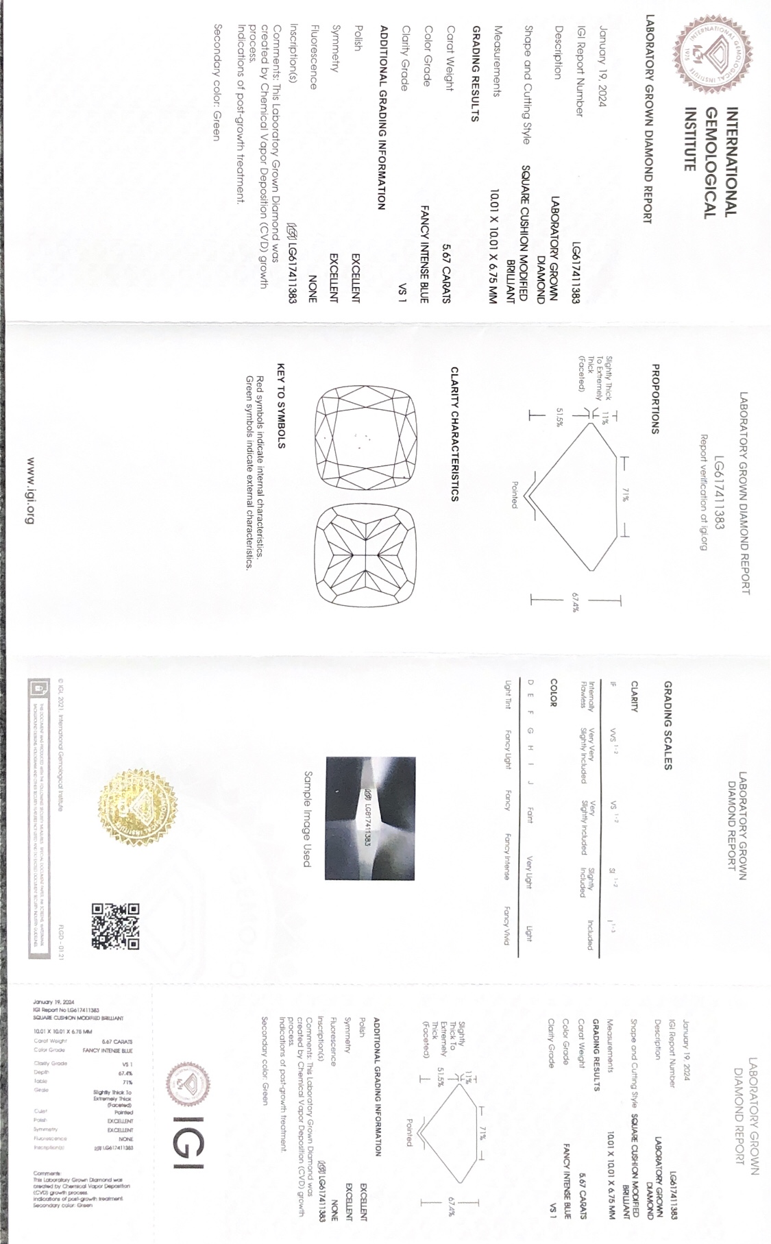 Messi Jewlery Lab Diamond CUSHION MODIFIED BRILLIANT FANCY INTENSE BLUE 5.67CT VS1 CVD LG617411383 7