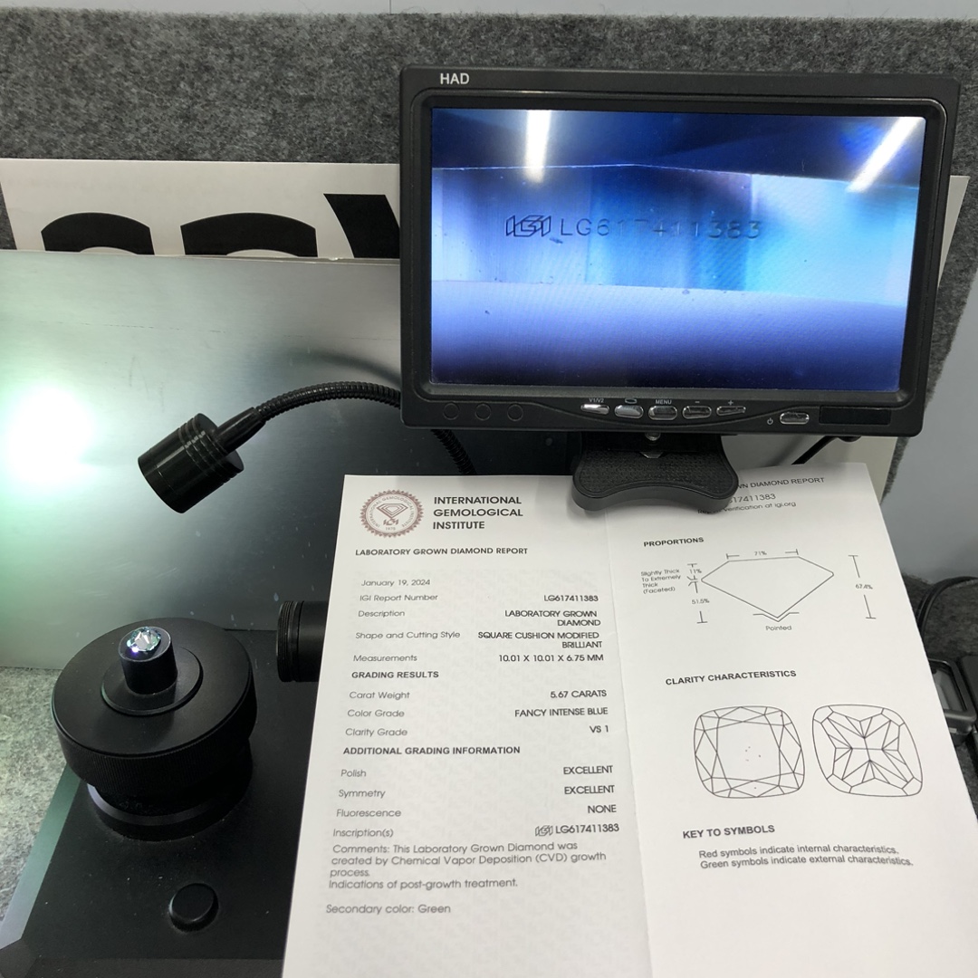 Messi Jewlery Lab Diamond CUSHION MODIFIED BRILLIANT FANCY INTENSE BLUE 5.67CT VS1 CVD LG617411383 11
