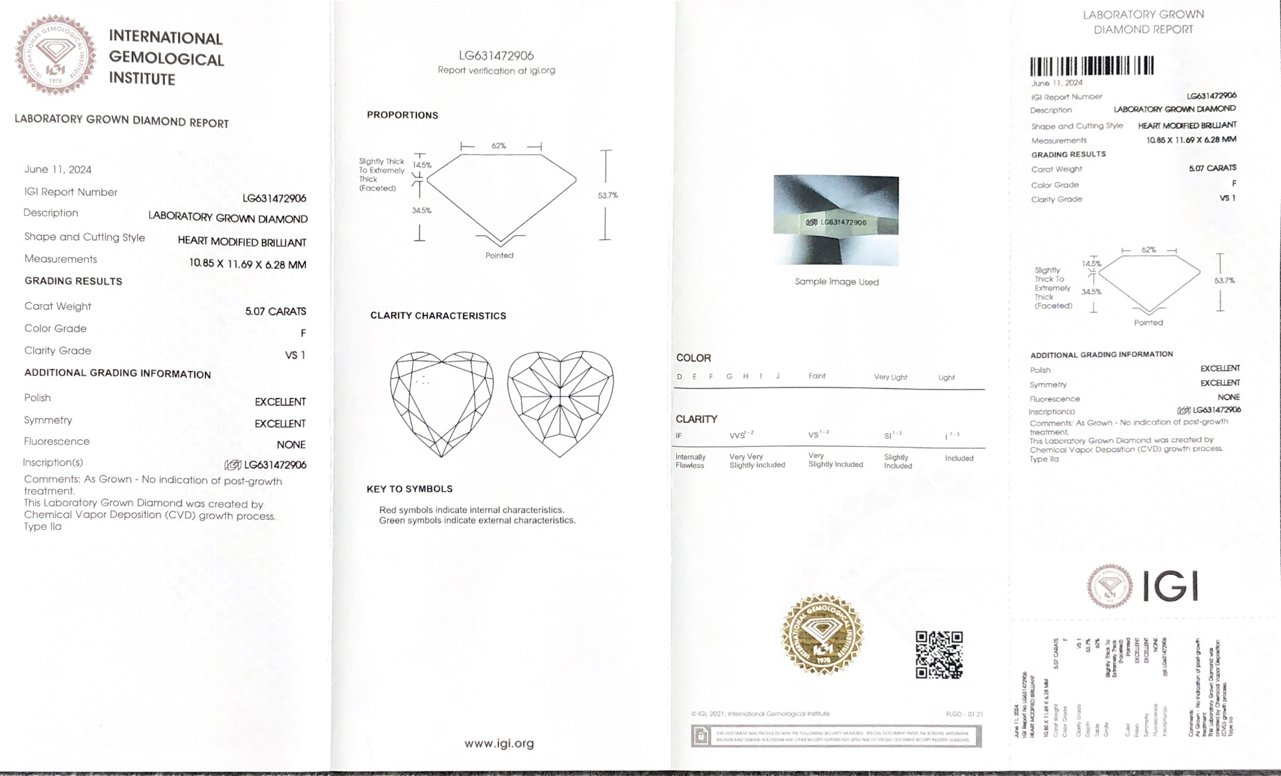 Customize Cut Herat shape 5.07CT F VS1 EX EX Lab Diamond take with IGI certificate LG631472906 9