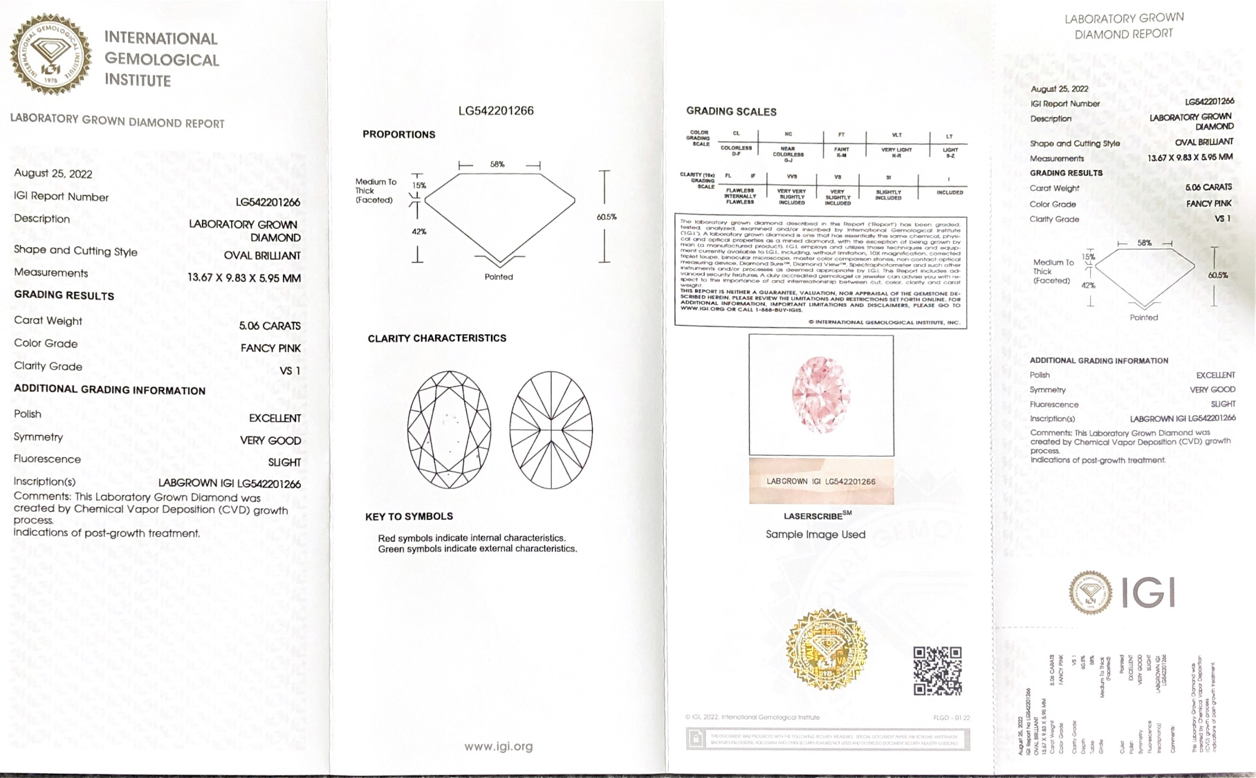 IGI Fancy Color Lab Grown Diamond CVD LG542201266 0V 5.06CT FANCY PINK VS1 EX VG SLIGHT 7