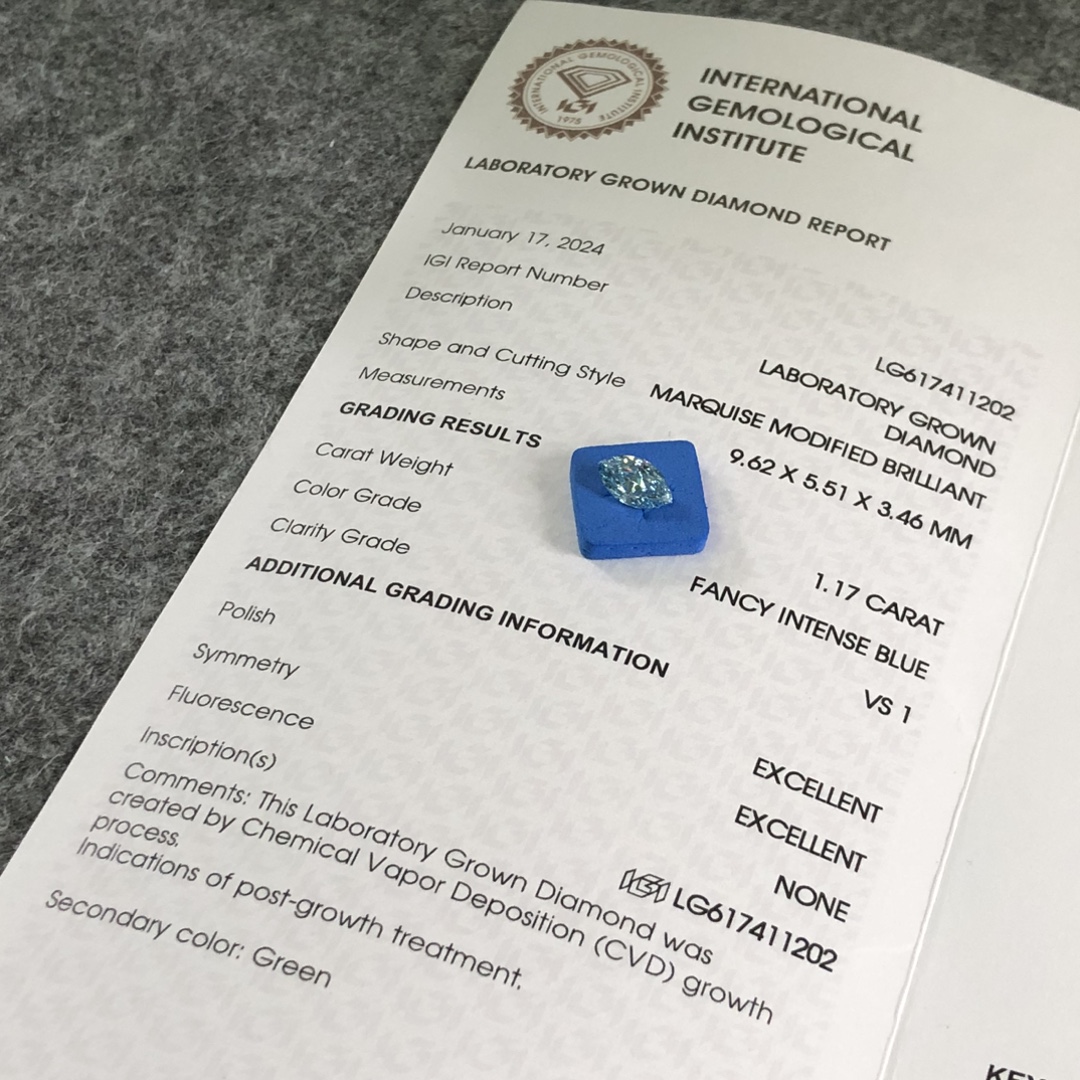 1.17CT CVD Marquise Fancy Intense Blue Lab Diamond For Jewelry VS1 EX EX  LG617411202 7