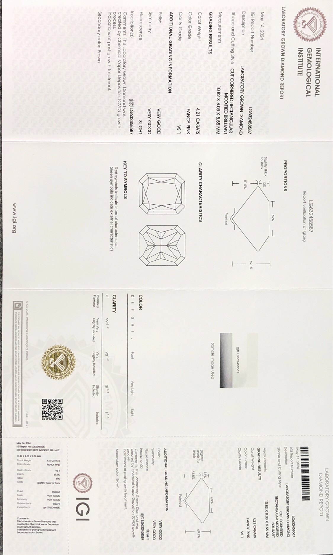 Messi Jewelry Cut Cornered Rectangular Modified Brilliant Fancy Pink 4.21CT VS1 VG VG CVD Lab Diamond 8