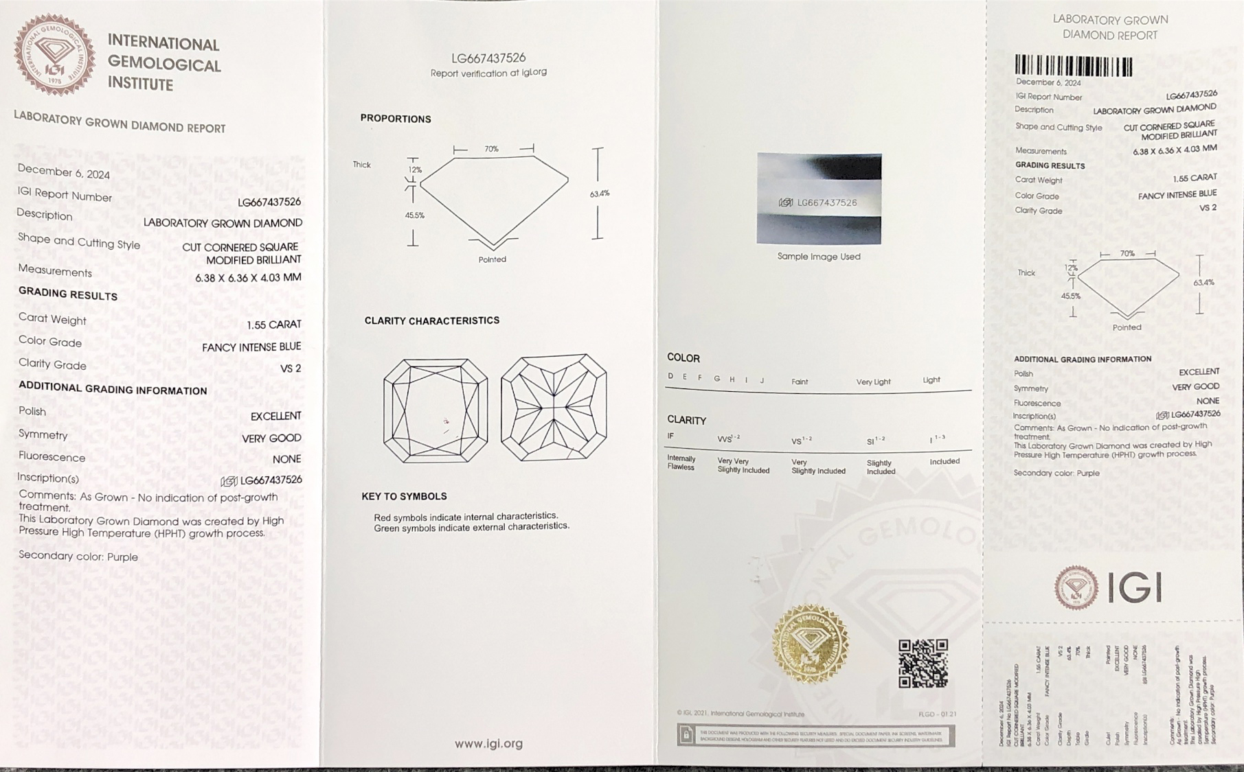 1.55CT VS2 EX VG Cornered Square Modified Brilliant Fancy Intense Blue HPHT LG667437526 Messi Alahas 8