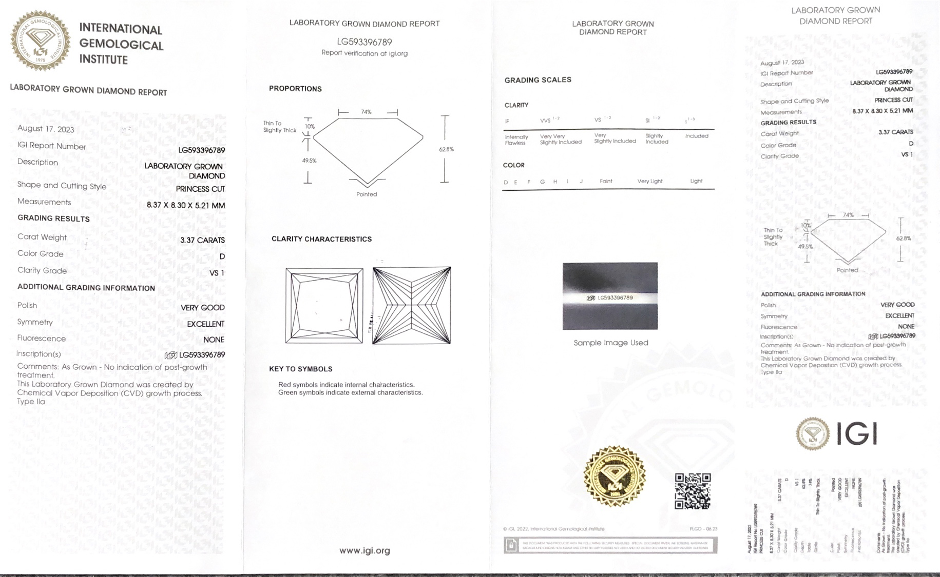 Square Cut 3.37CT D VS1 VG EX CVD Lab Grown Diamond LG593396789 | Messi Jewelry 7