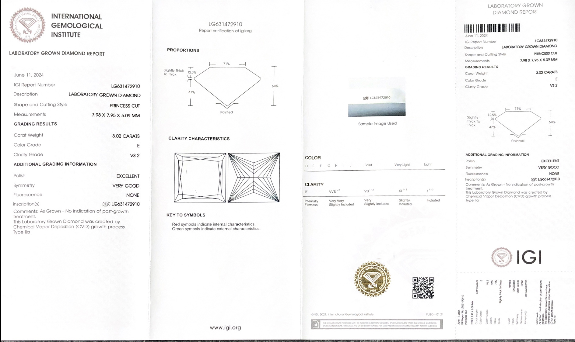 Messi Jewelry Lab Diamond CVD  Princess Cut LG631472910  SQ 3.02CT  E  VS2  EX VG 8