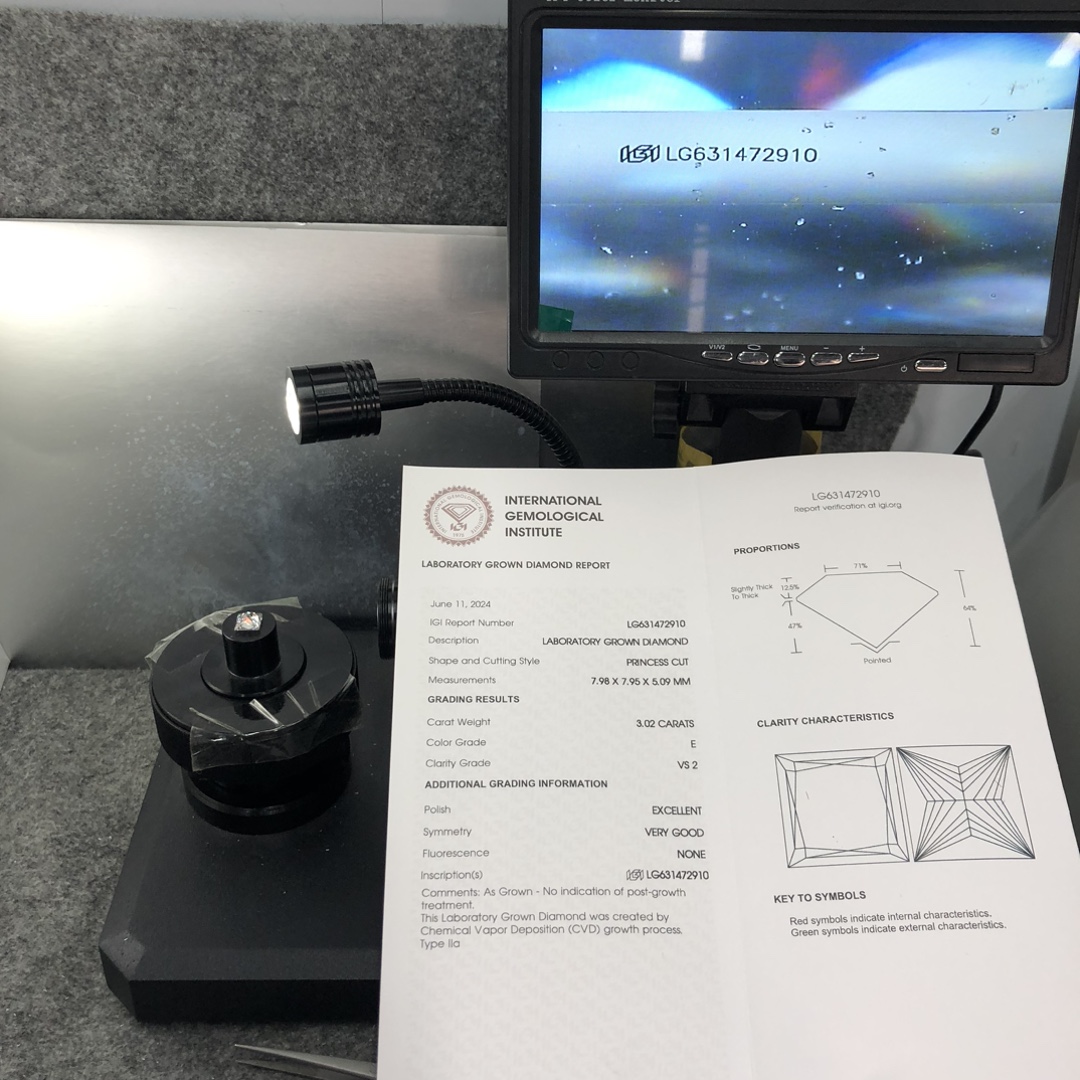 Messi Jewelry Lab Diamond CVD  Princess Cut LG631472910  SQ 3.02CT  E  VS2  EX VG 12