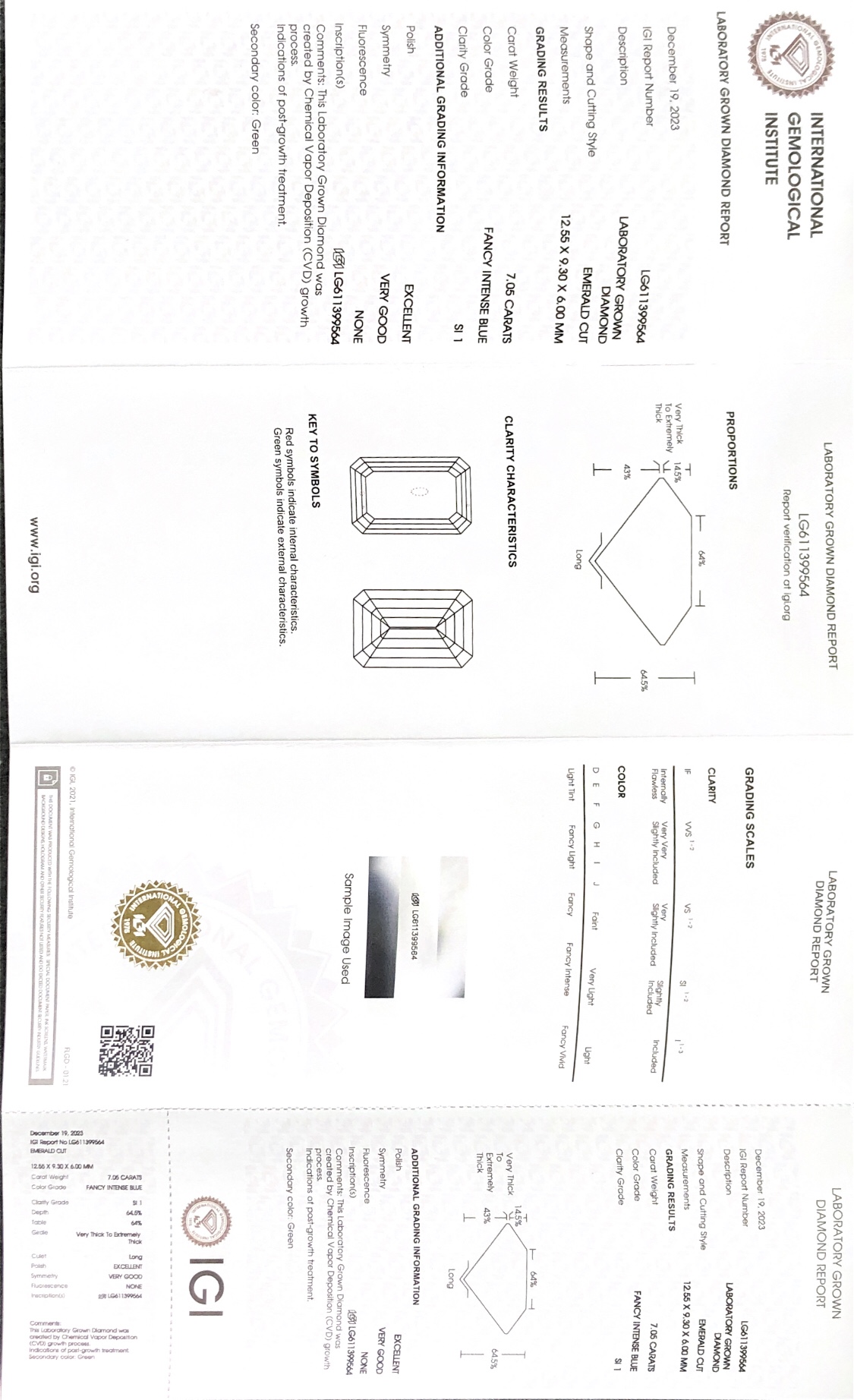LAB DIAMOND IGI CVD LG611399564 EM FANCY INTENSE BLUE 7.05CT SI1 EX VG 8