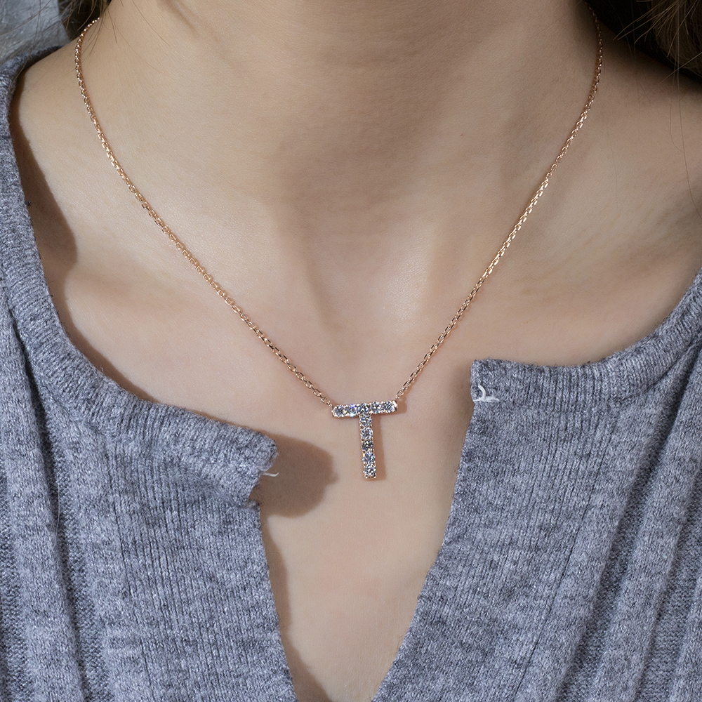 MSN-880 18K Rose Gold Letter Pendant Custom Lab Grown Diamond Necklace 13