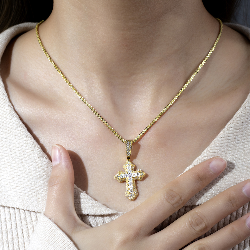 MSN-876 18K Yellow Pretty Princess Square &Round Lab Gitubo nga Diamond Cross Pendant 14