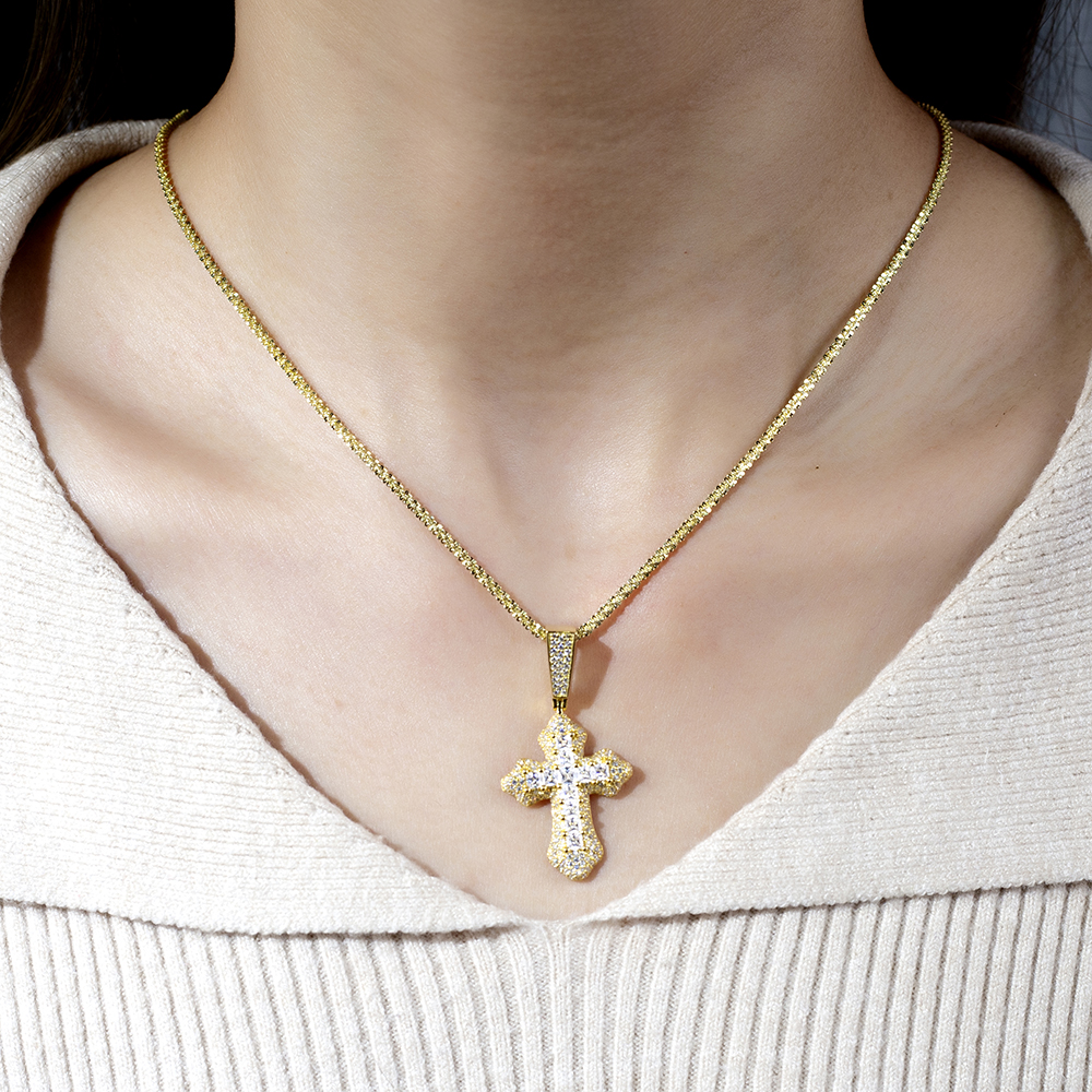 MSN-876 18K Yellow Pretty Princess Square &Round Lab Gitubo nga Diamond Cross Pendant 12