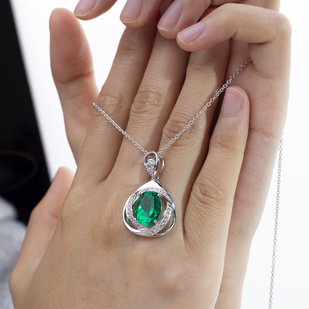 MSN-855 18K White Gold Colombian Lab Emerald Oval Shape Lab Gitubo nga Diamond Kwintas 12