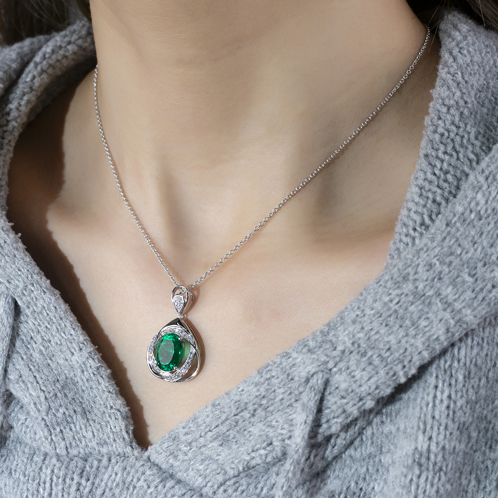 MSN-855 18K White Gold Colombian Lab Emerald Oval Shape Lab Gitubo nga Diamond Kwintas 13