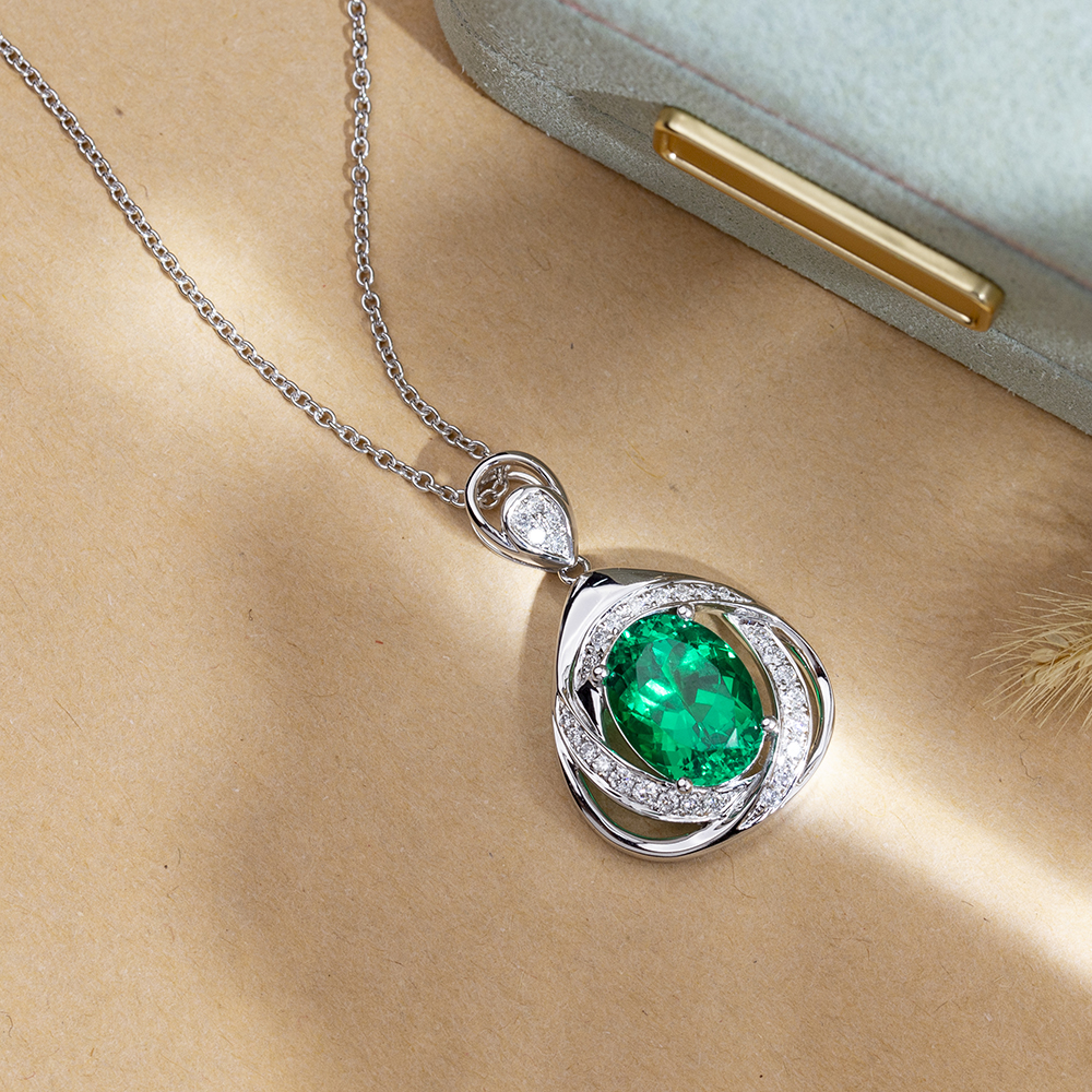 MSN-855 18K White Gold Colombian Lab Emerald Oval Shape Lab Gitubo nga Diamond Kwintas 8