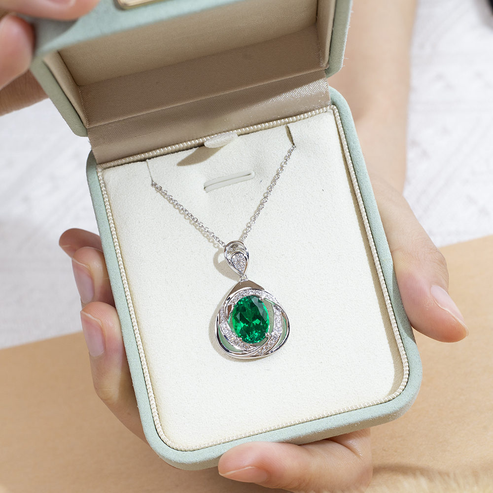 MSN-855 18K White Gold Colombian Lab Emerald Oval Shape Lab Gitubo nga Diamond Kwintas 11