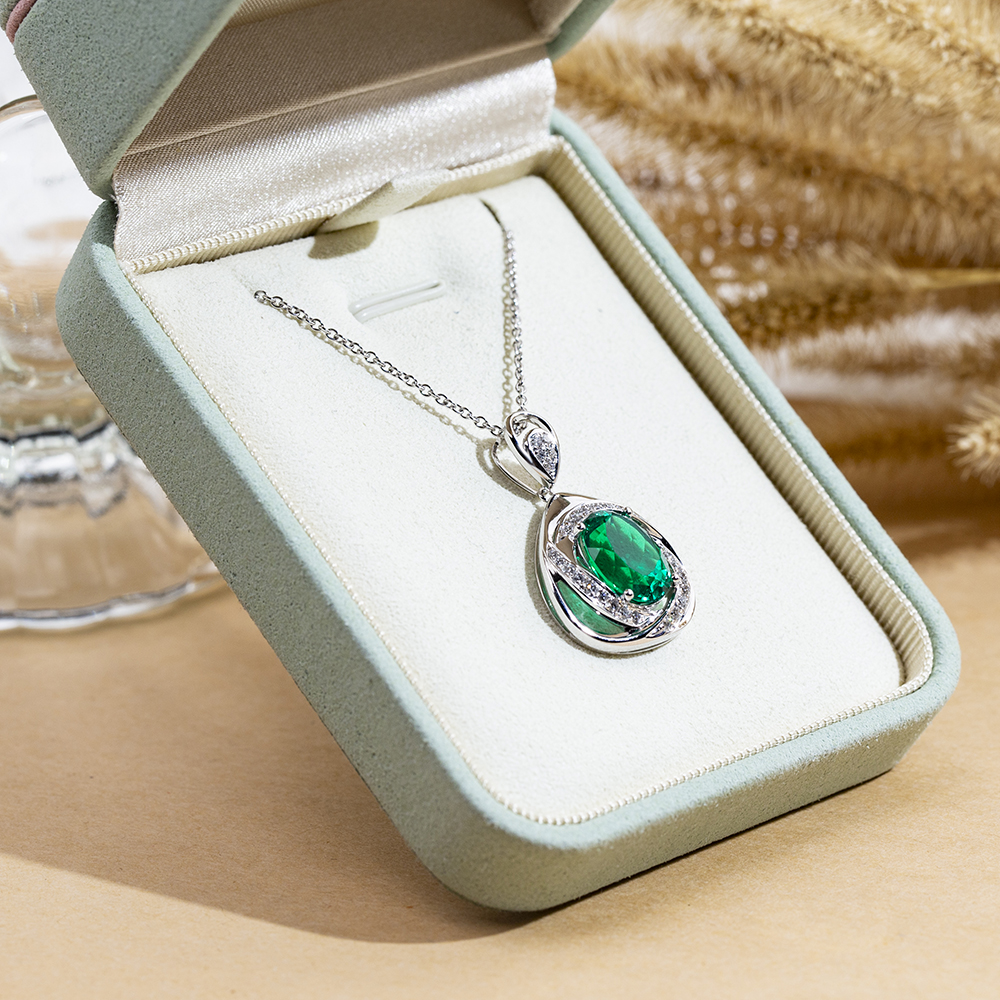 MSN-855 18K White Gold Colombian Lab Emerald Oval Shape Lab Gitubo nga Diamond Kwintas 9