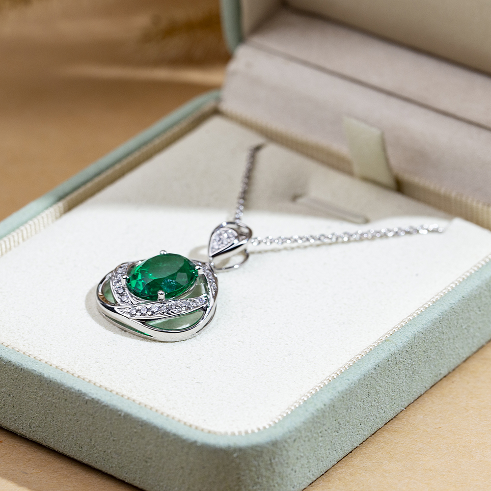 MSN-855 18K White Gold Colombian Lab Emerald Oval Shape Lab Gitubo nga Diamond Kwintas 10