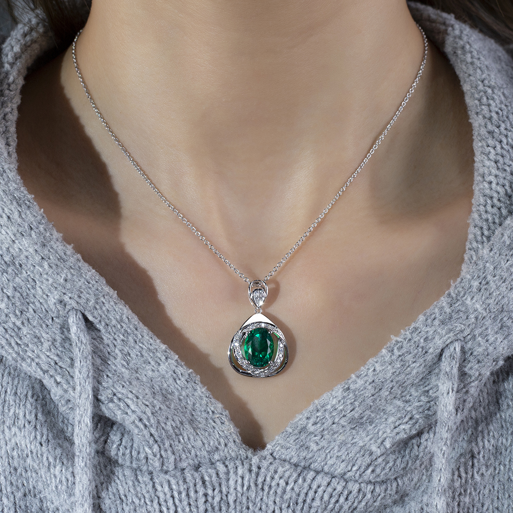 MSN-855 18K White Gold Colombian Lab Emerald Oval Shape Lab Gitubo nga Diamond Kwintas 14