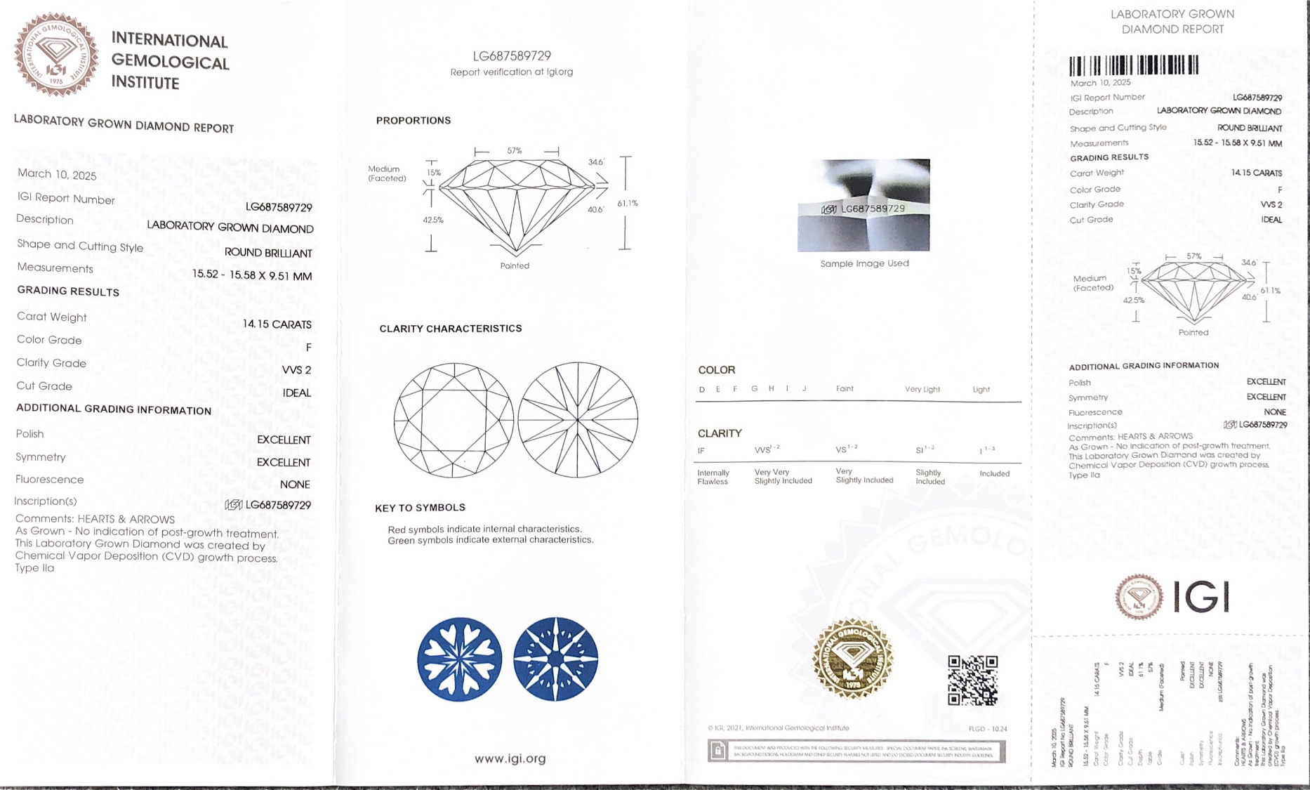 Lab Grown Round Diamond 14.15CT F VVS2 ID EX EX CVD LG687589729 8