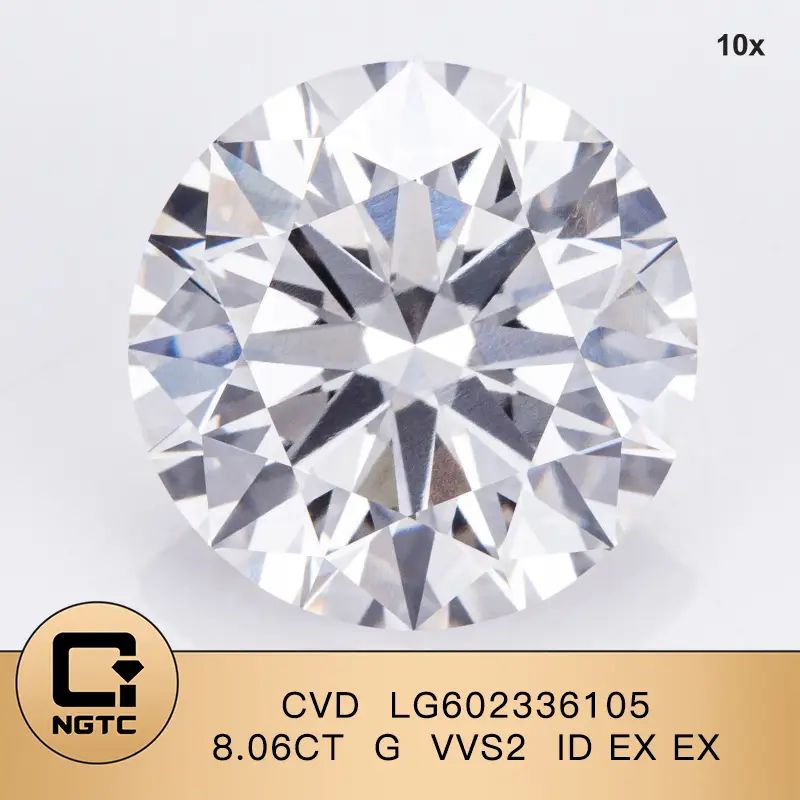 Laboratorio rotondo coltivato Diamond CVD LG602336105 8.06CT G VVS2 ID EX EX Due certificati di diamanti IGI &amp; NGTC 1