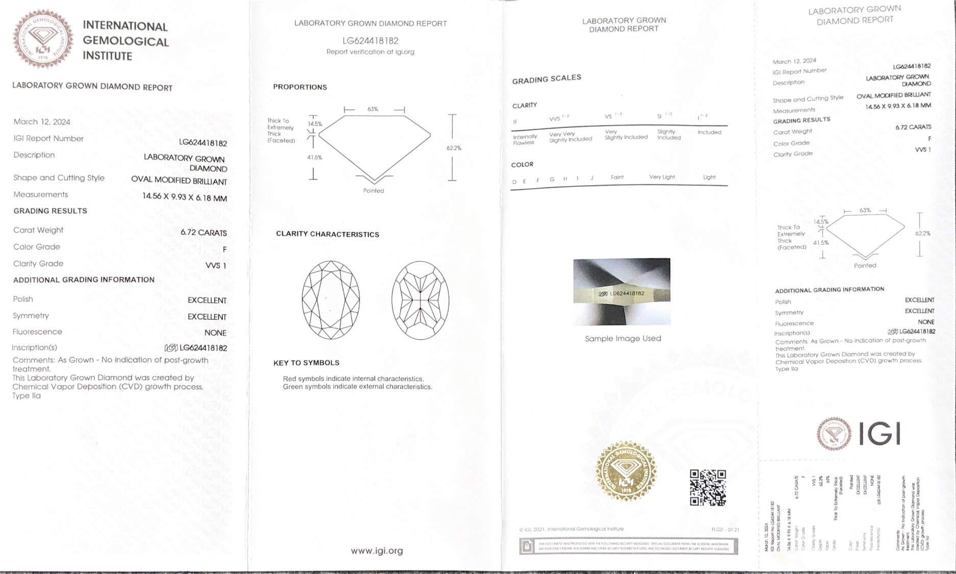 IGI Oval Lab Grown Diamond 6.72CT F VVS1 EX EX LG624418182 8