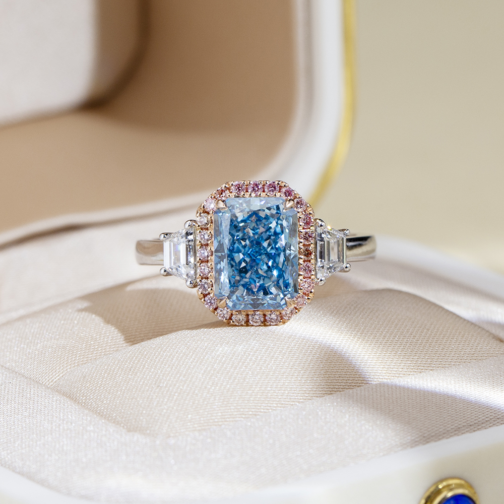 MSR-1738 18K Gold Radiant Blue Lab Grown Diamond& Pink Lab Grown Diamond Tulo ka Bato Singsing 8