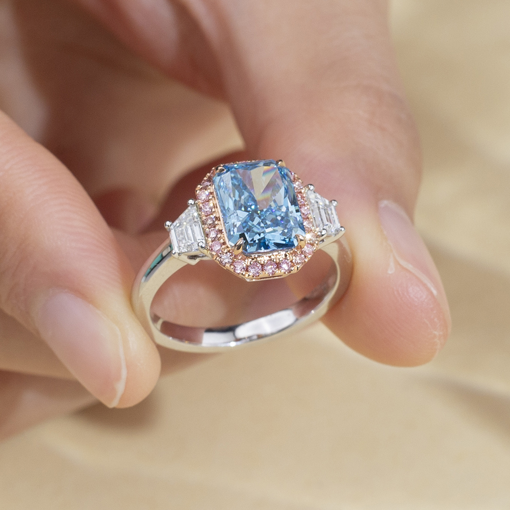 MSR-1738 18K Gold Radiant Blue Lab Grown Diamond& Pink Lab Grown Diamond Tulo ka Bato Singsing 11