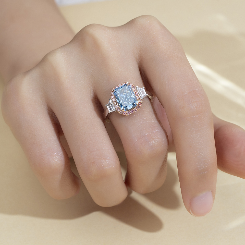 MSR-1738 18K Gold Radiant Blue Lab Grown Diamond& Pink Lab Grown Diamond Tulo ka Bato Singsing 13