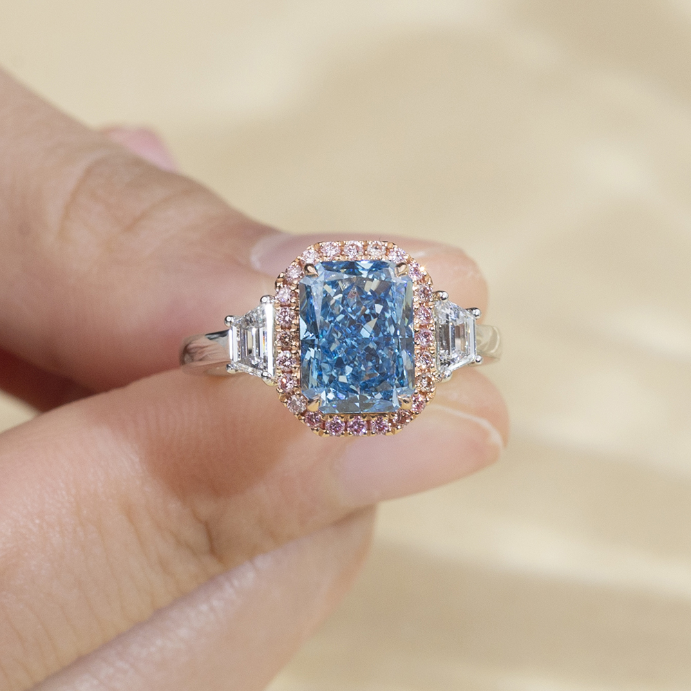 MSR-1738 18K Gold Radiant Blue Lab Grown Diamond& Pink Lab Grown Diamond Tulo ka Bato Singsing 12