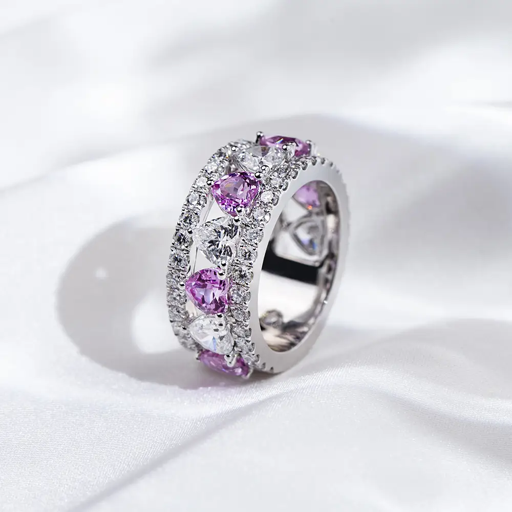 MSR-1739 18K White Heart Shape Sapphire rosa&amp;Anello di eternità diamante coltivata in laboratorio 1