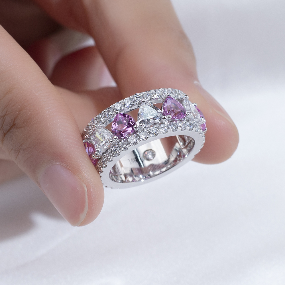 MSR-1739 18K White Heart Shape Pink Sapphire&Lab Grown Diamond Eternity Ring 10