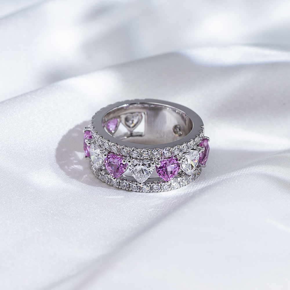MSR-1739 18K White Heart Shape Pink Sapphire&Lab Grown Diamond Eternity Ring 11