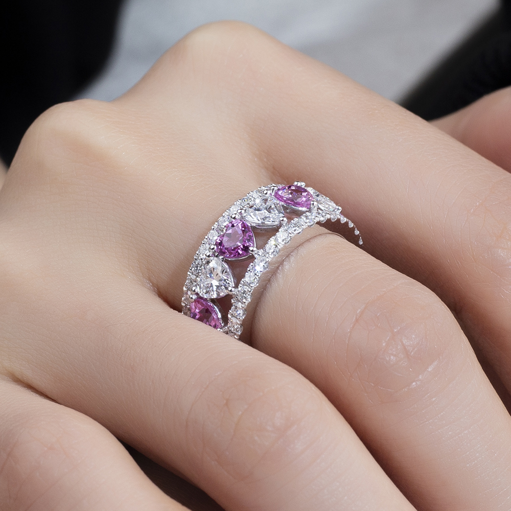 MSR-1739 18K White Heart Shape Pink Sapphire&Lab Grown Diamond Eternity Ring 14