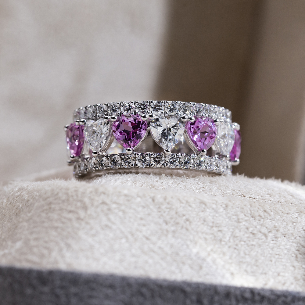 MSR-1739 18K White Heart Shape Pink Sapphire&Lab Grown Diamond Eternity Ring 9