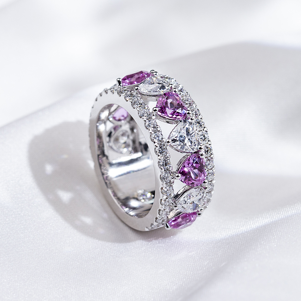 MSR-1739 18K White Heart Shape Pink Sapphire&Lab Grown Diamond Eternity Ring 8
