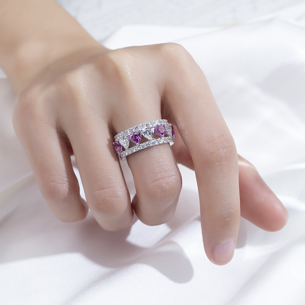 MSR-1739 18K White Heart Shape Pink Sapphire&Lab Grown Diamond Eternity Ring 13