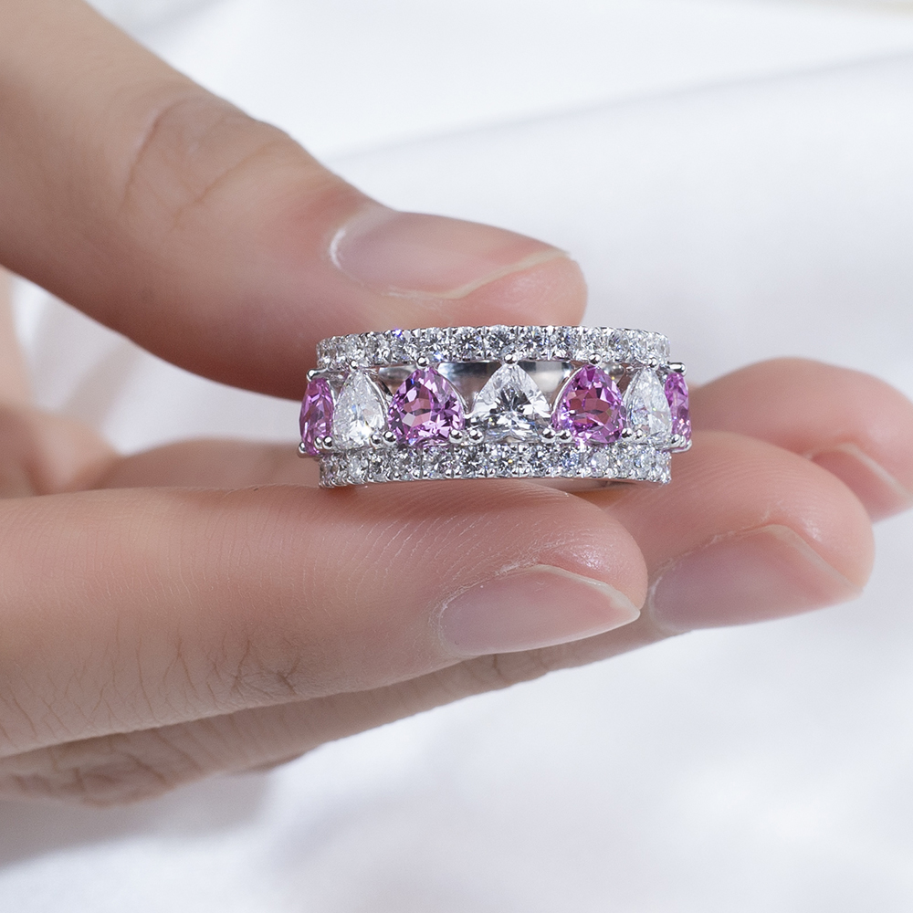MSR-1739 18K White Heart Shape Pink Sapphire&Lab Grown Diamond Eternity Ring 12