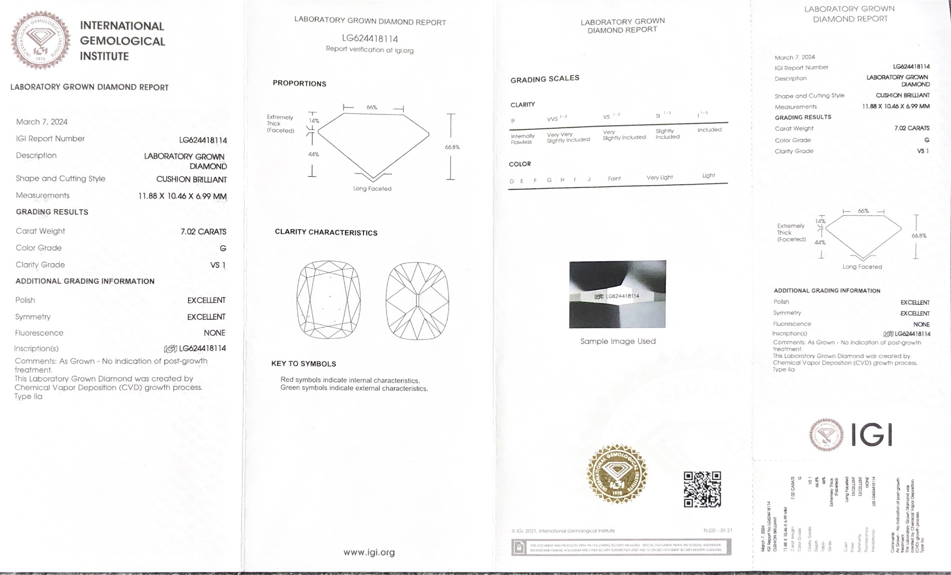 IGI Cushion Brilliant 7.02CT G VS1 EX EX CVD LG624418114 Lab Grown Diamond 8